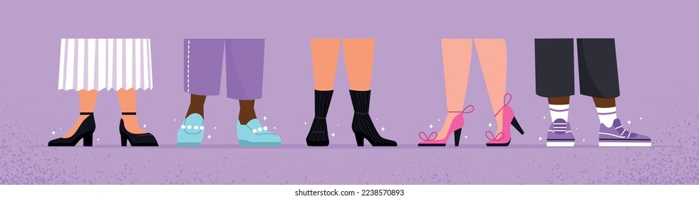 Various shoes set. Collection of graphic elements for website. Fashion, trend and style. Aesthetics and elegance. Young girls pack. Cartoon flat vector illustrations isolated on violet background
