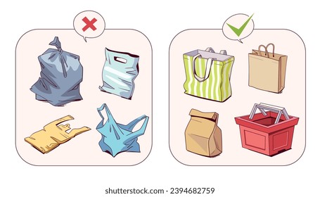 Various shopping bags. Right and wrong choices for shopping bags. Plastic or eco bag. Protection of nature and environment. Cartoon style. Funny vector illustration. Isolated on white background. Set