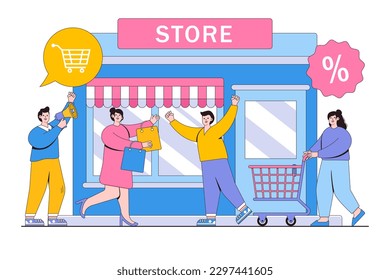 Various shops, discounts, investing in real estate, shopping, purchase of goods and gifts concept with people character. Outline design style minimal vector illustration for landing page, web banner.