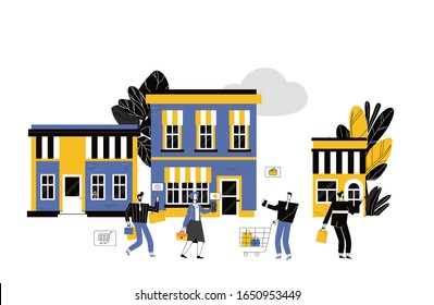 various shops, discounts, purchase of goods and gifts, investing in real estate, shopping concept. Vector flat style illustration.