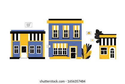 varias tiendas, descuentos, compra de bienes y regalos, invirtiendo en bienes raíces, concepto de compras. Ilustración de estilo plano vectorial.