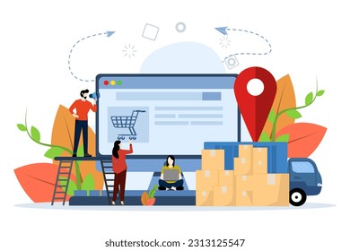 verschiedene Geschäfte, Rabatte, Kauf von Waren und Geschenken, Immobilieninvestitionen, Konzept des Einkaufs und der Lieferung von Waren über das Online-Formular, Vektorgrafik in flachem Stil.