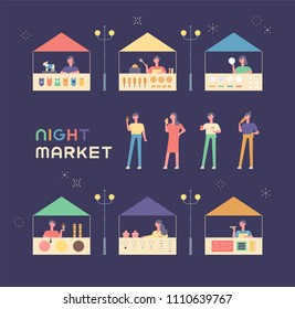 Various shops and guests in the night market. flat design style vector graphic illustration set