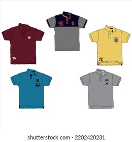 various short sleeve t-shirt set collar , Front, and back  view on White background.