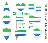 Various Sierra Leone flags set on pole, table flag, mark, star badge and different shapes badges. Patriotic Sierra Leonean sticker