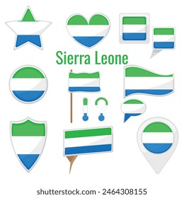 Various Sierra Leone flags set on pole, table flag, mark, star badge and different shapes badges. Patriotic Sierra Leonean sticker