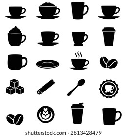 Various silhouette icons of coffee cups saucers beans sugar cubes cinnamon sticks and take away containers for modern menu interface