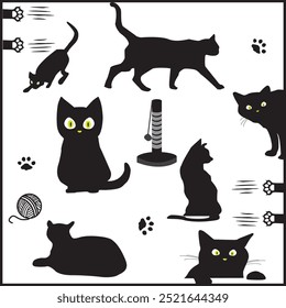 Various silhouettes of black cats are depicted in different poses, such as walking, playing, and sitting, the illustration features a playful and whimsical design centered around black cats.