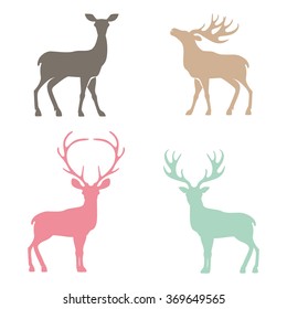 Various silhouettes of deer isolated on white background, christmas deers