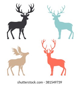 Various silhouettes of deer isolated on white background.