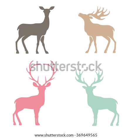 Various silhouettes of deer isolated on white background, christmas deers
