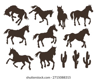 Various silhouettes of horses in different poses alongside simple cactus shapes. The design captures the essence of western landscapes at dusk.