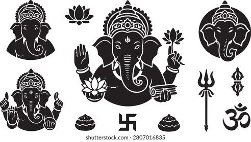 Various silhouettes of Lord Ganesha, elephant-headed Hindu deity, depicted with different poses and associated symbols like lotus, trident, and om.