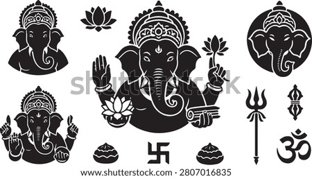 Various silhouettes of Lord Ganesha, elephant-headed Hindu deity, depicted with different poses and associated symbols like lotus, trident, and om.
