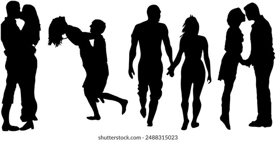 Various silhouettes of people in different poses against a sunset backdrop. Silhouettes of individuals striking different poses with a colorful sky in the background. People in various poses captured 