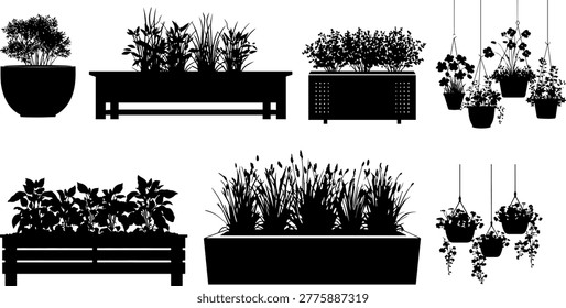 Various silhouettes of potted plants and planters in a city setting