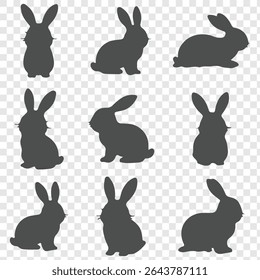 Various silhouettes of rabbits isolated decorative elements for the holidays.
