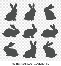 Various silhouettes of rabbits isolated decorative elements for the holidays.