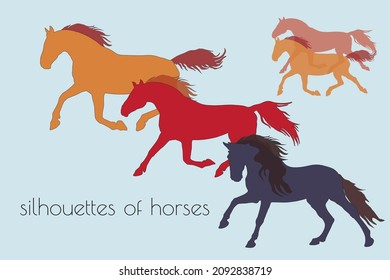 various silhouettes of running horses, trotters. isolated on a colored background. esp 10