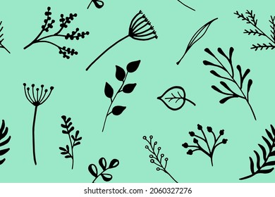 varias siluetas de ramas y plantas, así como hojas e inflorescencias sobre un fondo verde.  patrón sin costuras vectorial.  elemento de diseño