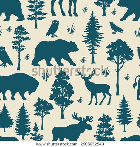 Various silhouettes of wildlife including bears moose wolves and trees create a harmonious nature-inspired pattern. The design features a light background with rich color contrasts.