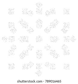 Various silver confetti background of random scatter silvery geometric figures isolated on white.