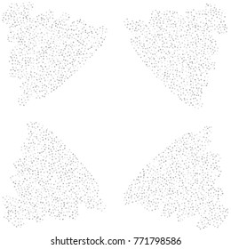 Various silver confetti frame or border of random scatter silvery geometric figures isolated on white.