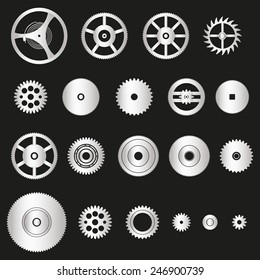 various silver metal cogwheels parts of watch movement eps10