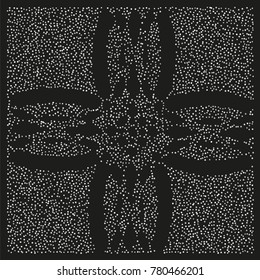 Various silver powder background of random scatter silvery geometric figures isolated on black.