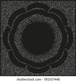 Various silver powder frame or border of random scatter silvery geometric figures isolated on black.