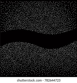 Various silver powder frame or border of random scatter silvery geometric figures isolated on black.