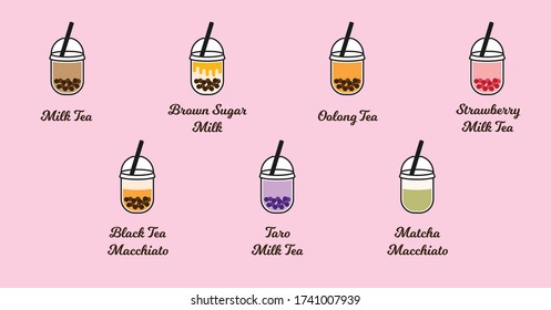 Various Simple Bubble Boba Tea Vector Line Art Set