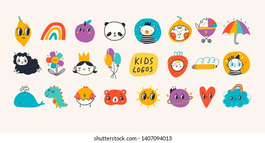 Various simple, doodle, cute,  minimalistic icons for kids. Hand drawn logos. Big vector set. Children's drawings style. Design elements. Cartoon style. Flat design. Everything is isolated