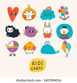 Various simple, doodle, cute,  minimalistic icons for kids. Hand drawn logos vector set. Children's drawings style. Design elements. Cartoon style. Flat design. Everything is isolated
