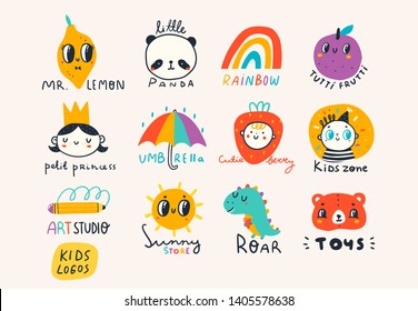 Various simple, doodle, minimalistic icons for kids. Hand drawn pre-made logos vector set. Children's drawings style. Design elements. Cartoon style. Flat design. Everything is isolated