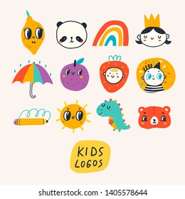 Various simple, doodle, minimalistic icons for kids. Hand drawn logos vector set. Children's drawings style. Design elements. Cartoon style. Flat design. Everything is isolated