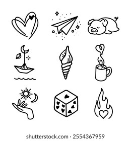 Various simple doodles representing emotions and everyday objects in a whimsical style