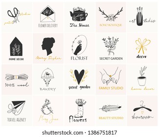 Various simple, elegant and bohemian icons. Pre-made logos vector set. Detecoration for brand or shop logos, wedding albums, web pages, restaurant menus. Design elements. Everything is isolated