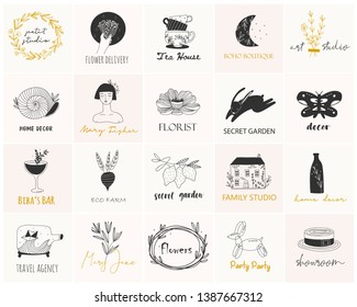 Various simple, elegant and bohemian icons. Pre-made logos vector set. Detecoration for brand or shop logos, wedding albums, web pages, restaurant menus. Design elements. Everything is isolated