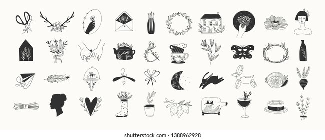 Various simple, elegant and bohemian icons. Hand drawn big vector set. Detecoration for brand or shop logos, wedding albums, web pages, restaurant menus. Design elements. Everything is isolated