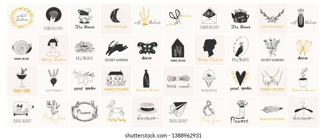 Various simple, elegant and bohemian icons. Pre-made logos big vector set. Detecoration for brand or shop logos, wedding albums, web pages, restaurant menus. Design elements. Everything is isolated