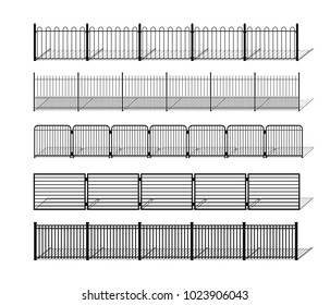 Various simple metal, wrought iron or steel fence silhouettes with shadows. Horizontally seamless modular metal fencing design elements. Vector pattern brushes with ending tiles included.