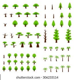 Various simple tree vectors for many purposes. Illustration includes topiary, tropical palm tree, savannah tree, conifers, and generic trees.