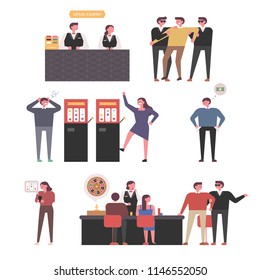Various situations of characters showing things happening in the casino. flat design style vector graphic illustration set