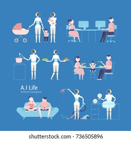 Various situations where artificial intelligence and human life are expected to predict human life. vector illustration flat design