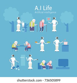 Various situations where artificial intelligence and human life are expected to predict human life. vector illustration flat design