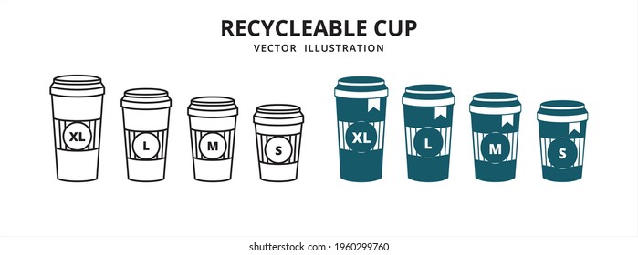 various size of disposable paper coffee cup with lid vector logo illustration design template set
