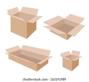Various Size of Open Empty Cardboard Box Isolated on White Background, For Packaging Products and Materials. 