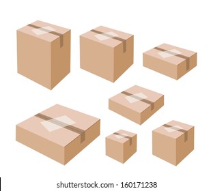 Various Size of Sealed Cardboard Box with Blank White Label Isolated on White Background, Ready for Shipping. 