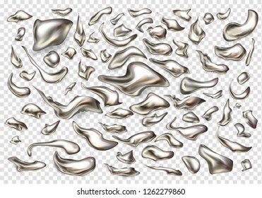 Various Size And Shape Liquid Metal, Precious Alloy, Melted Silver Drops 3d Realistic Vector Set Isolated On Transparent Background. Metallic Paint, Mercury Spill. Abstract Fluid Drips Design Element